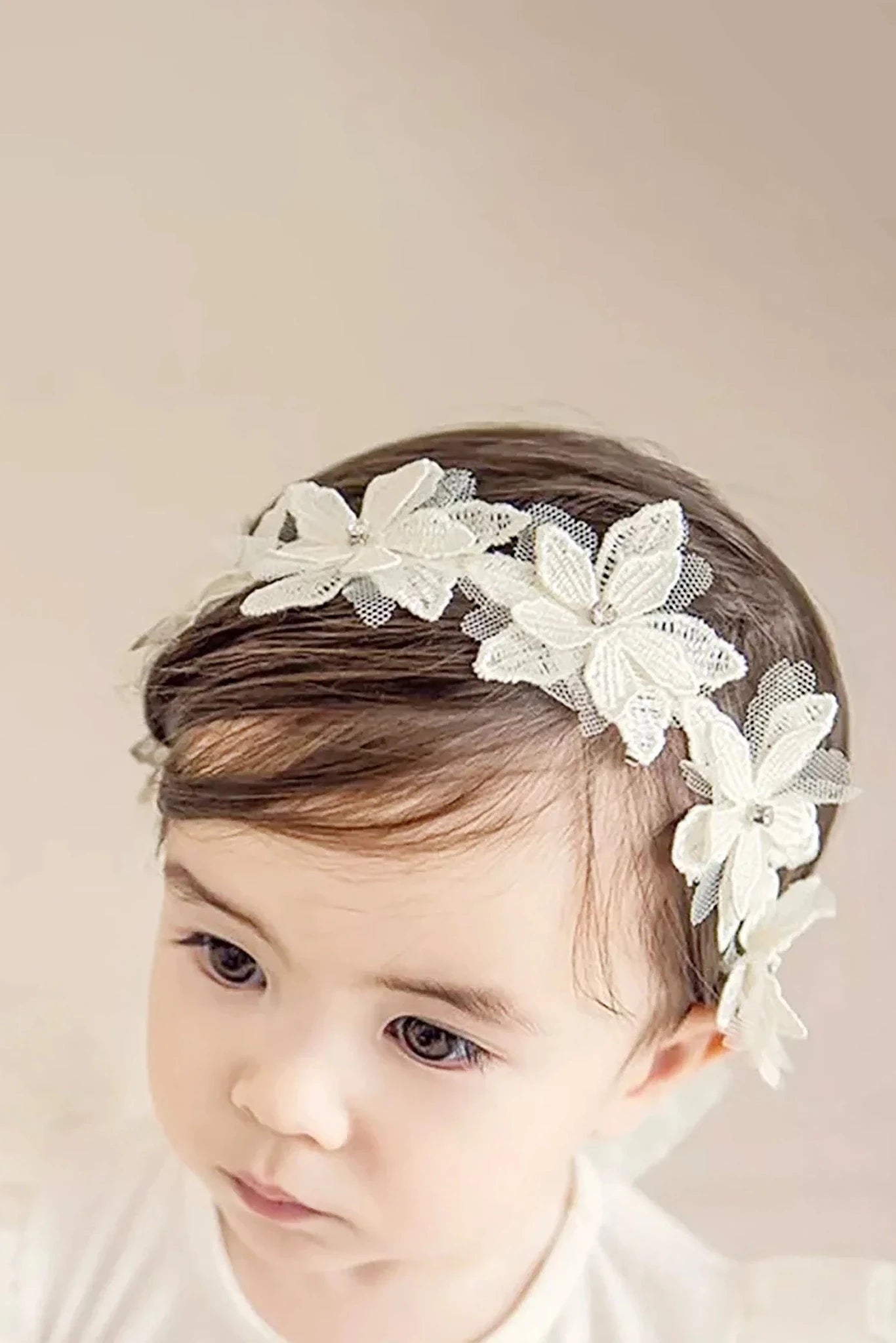 White rhinestone floral flower girl headband.