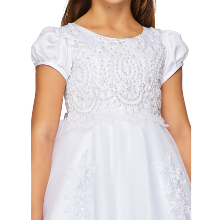 Communion Elegant Cap Sleeves with Pearl Satin and Tulle Dress | Classic First Communion Dress | White Flower Girl Dres - front view of girl wearing dress