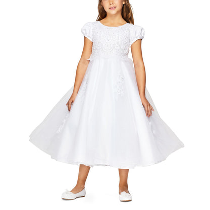 Communion Elegant Cap Sleeves with Pearl Satin and Tulle Dress | Classic First Communion Dress | White Flower Girl Dress - front view of girl wearing dress with hands at sides