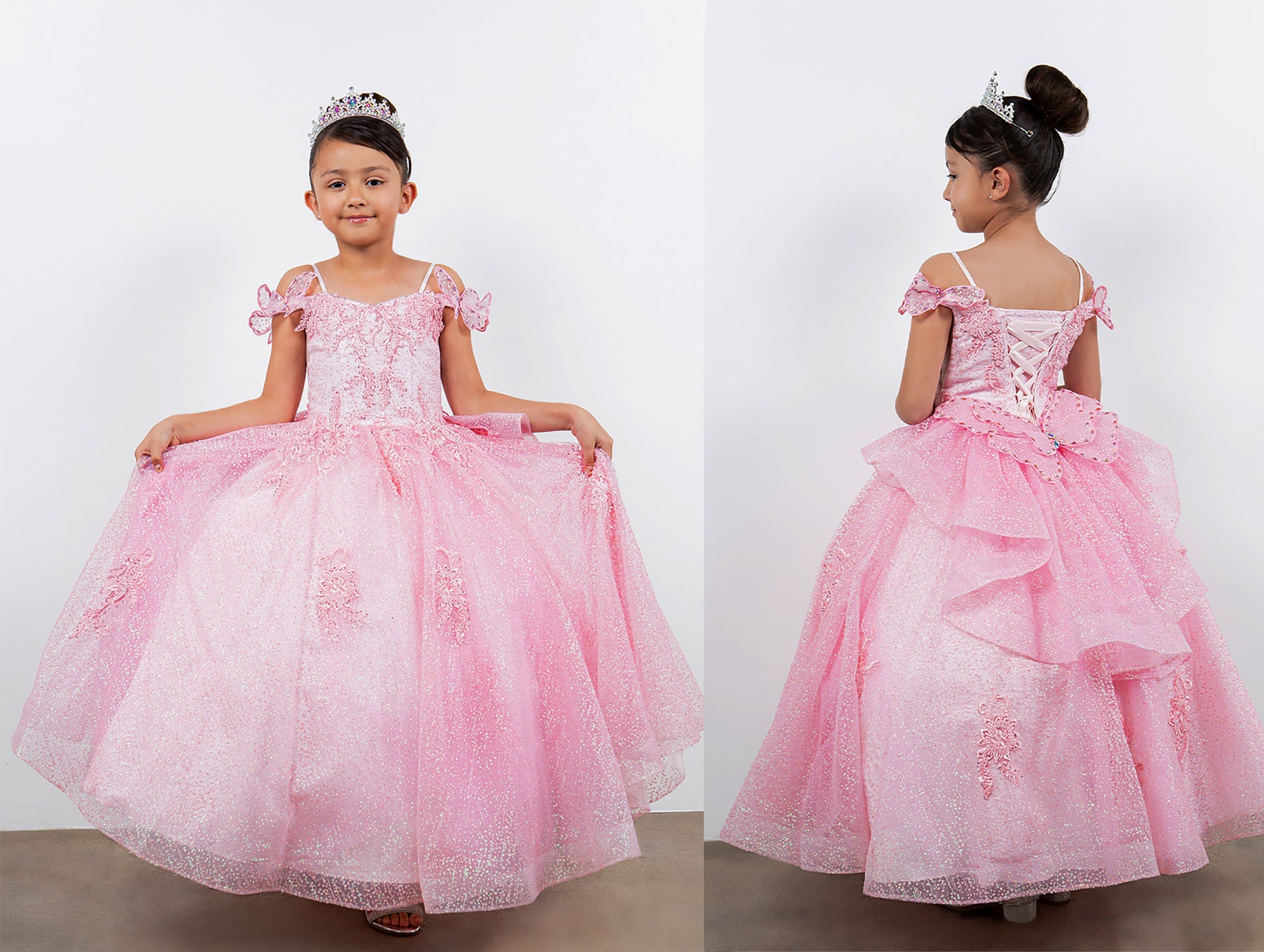 Mini Quince | Pink Butterfly Crafted Lace, Beaded and Floral Applique bodice Layered Tulle with Removable Tiered Train Mini Quinceanera 3 Anos Ballgown | Martina dress two picture