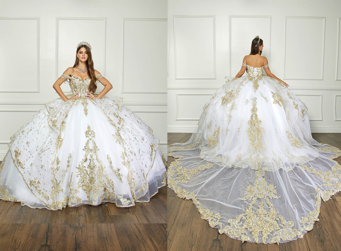 Ivory/Gold Off Shoulder Epaulets Sleeve with Detachable Cathedral Tulle Train Quince Ball Gown - split view front and back of woman wearing dress