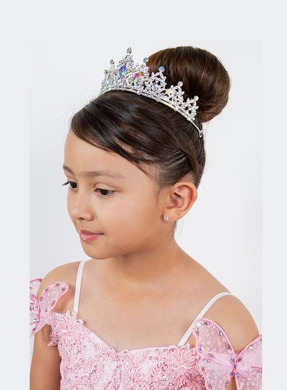 Mini Quince Tiara | 14 Colors | Quinceañera Antique Kids Rhinestone Tiara  - girl wearing crown side view