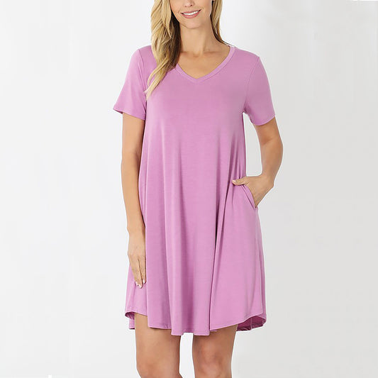 Soft Non-See-Through Casual Daily Comfortable T-Shirt Dress with Side Pockets mauve