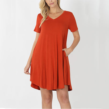 Soft Non-See-Through Casual Daily Comfortable T-Shirt Dress with Side Pockets copper