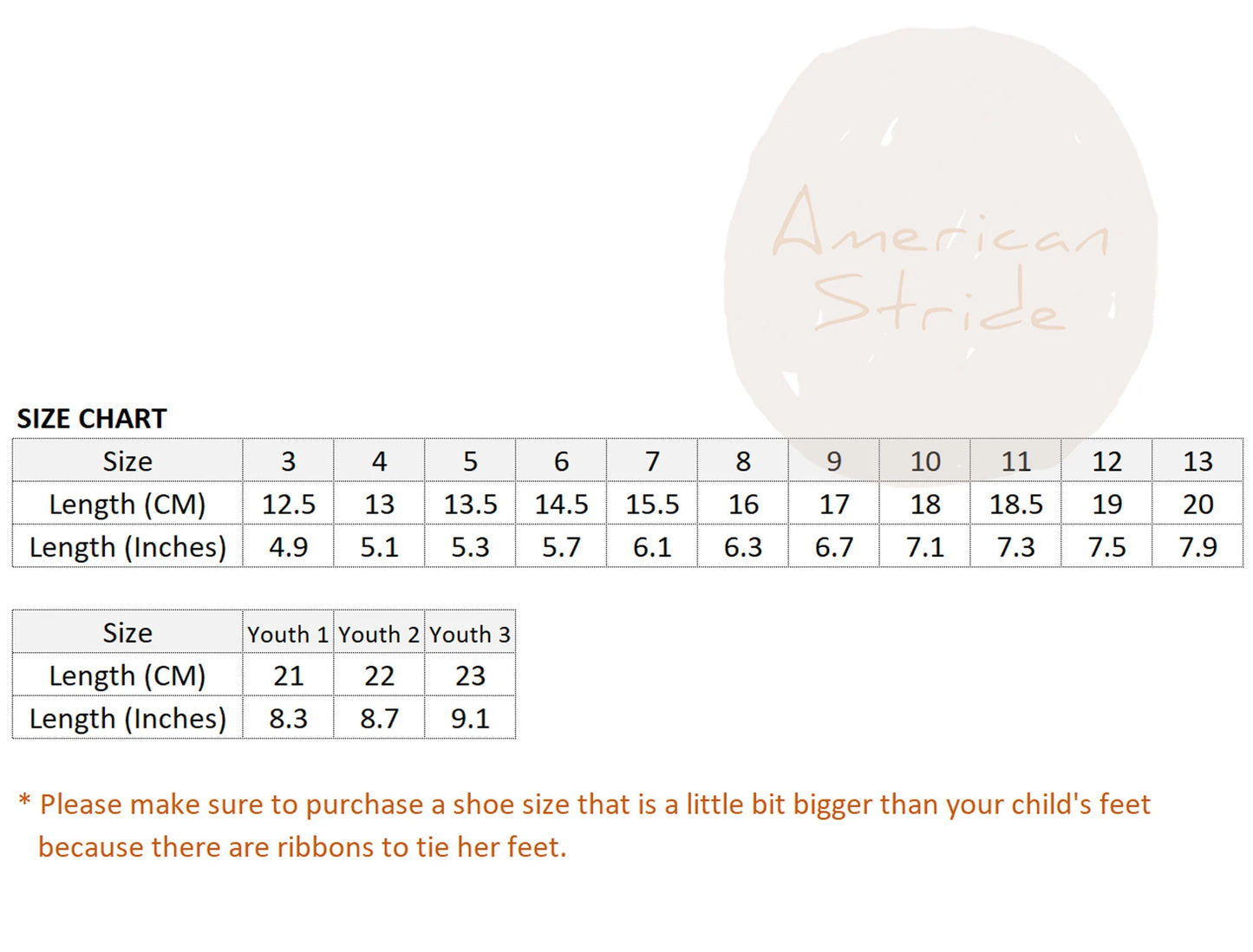 Size chart for children's shoes with American Made logo