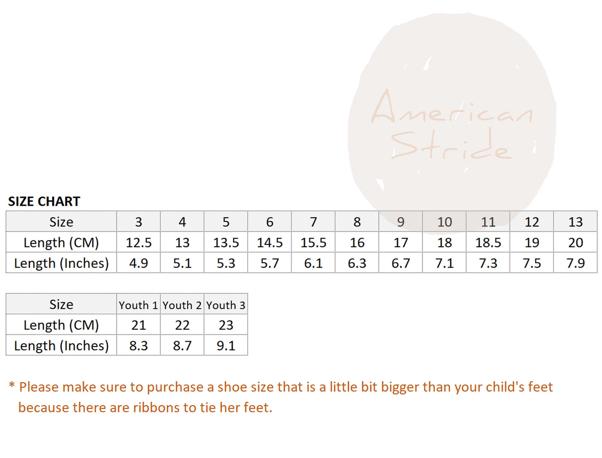 Size chart for children's shoes with American Made logo