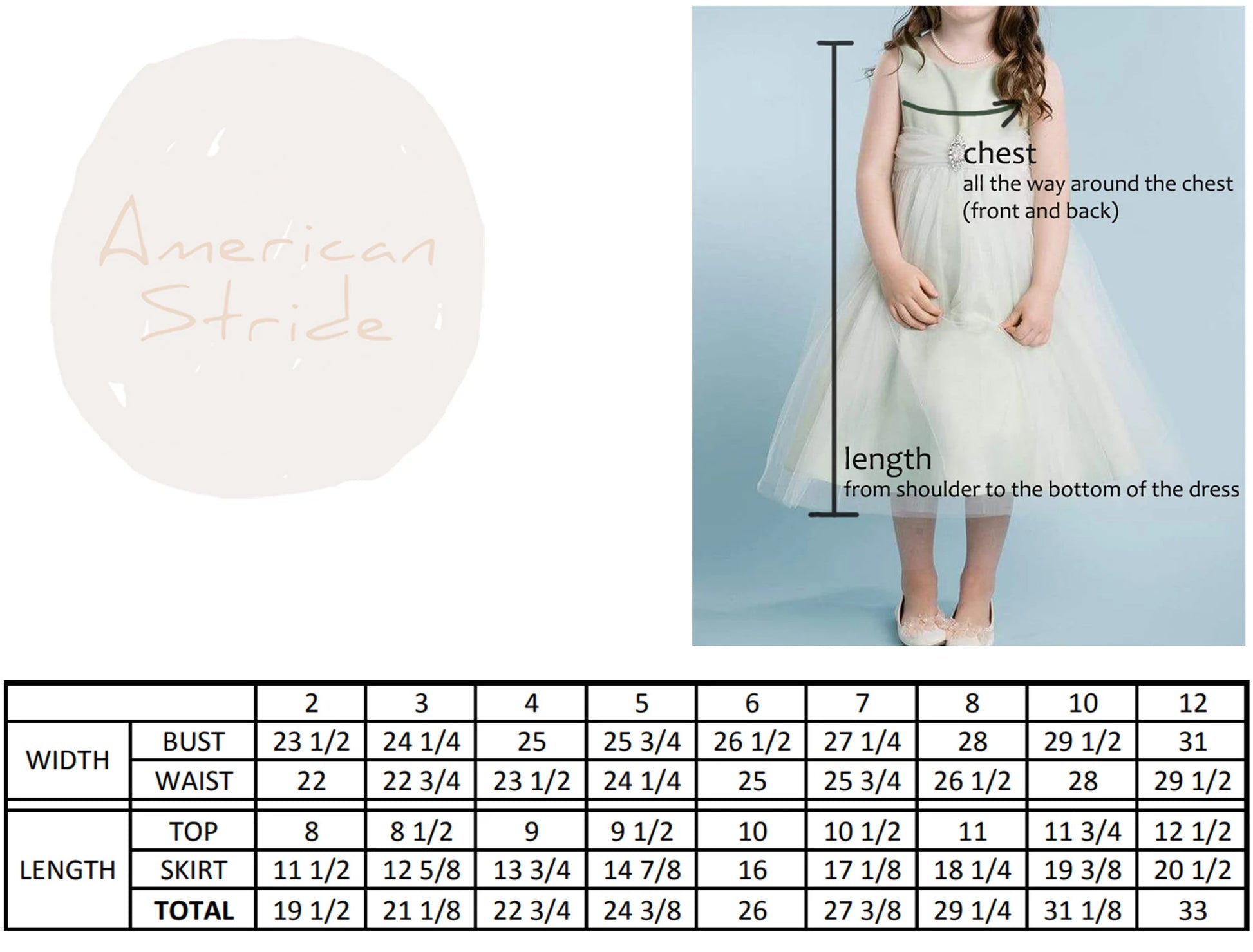 Measurement chart for a dress with a girl wearing the dress and 'American Made' branding.
