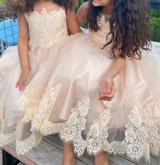 Communion Dress | Beaded lace and stone Top and soft tulle Dress with Embroidery Applique | 3 Colors | Katharine dress champagne