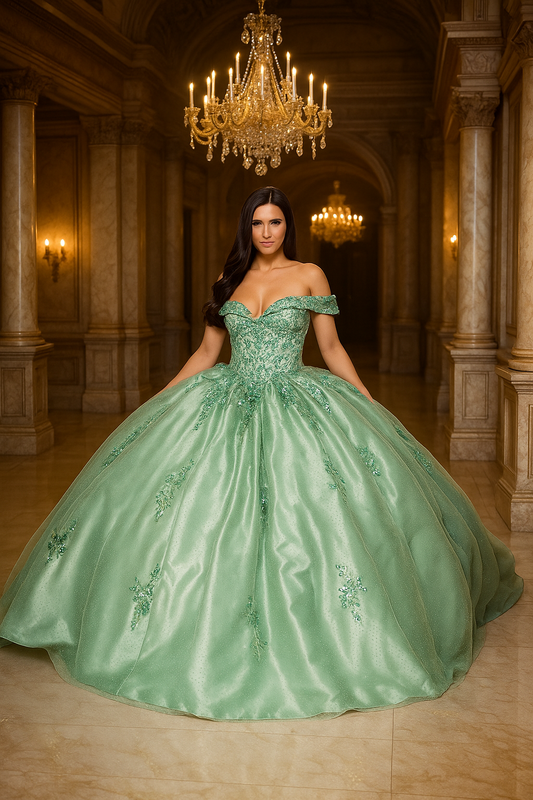 Quinceanera | Sage Off-Shoulder Sweetheart Embossed Tulle Satin Train Gown with Two-Tone Sequin Flower Appliqué | Gabriela dress | 2 Colors Available with light