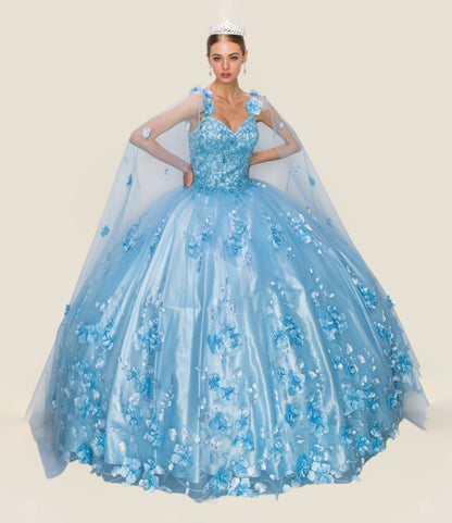 Woman wearing a blue floral ball gown on a beige background