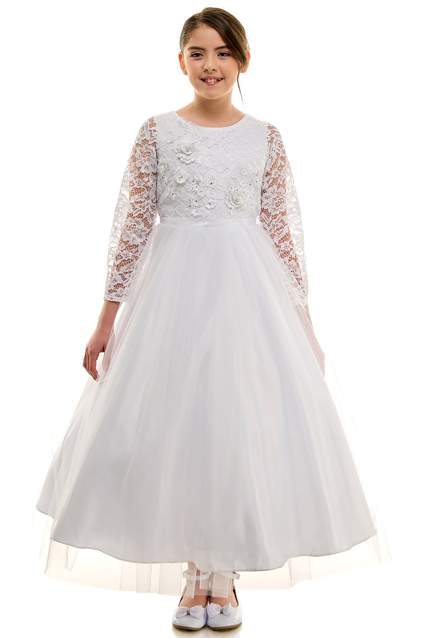 White lace dress with long sleeves on a white background