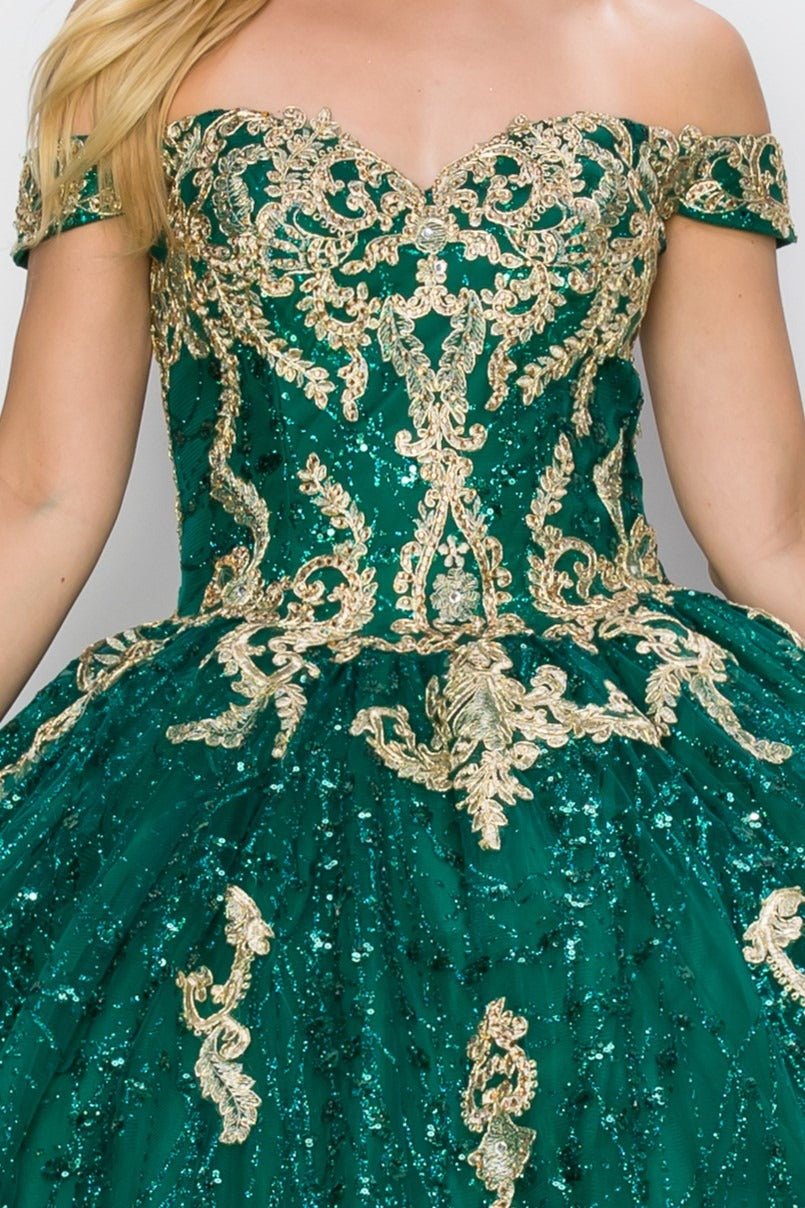 Green quince ball gown with gold embroidery on a plain background