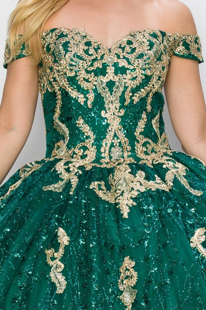 Green quince ball gown with gold embroidery on a plain background