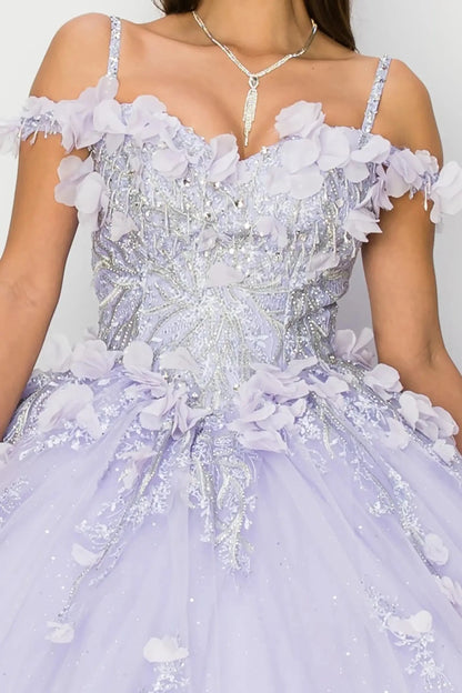 Close-up of a lavender evening gown with floral and beaded details.