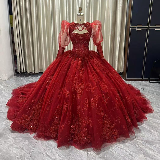Red ball gown on a mannequin against a neutral background