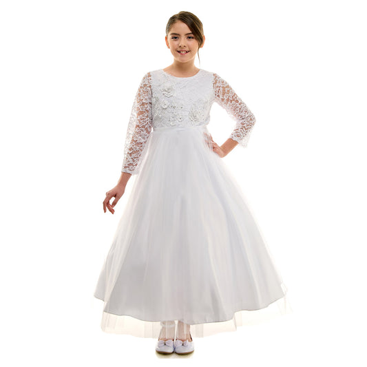 White dress with lace sleeves on a white background