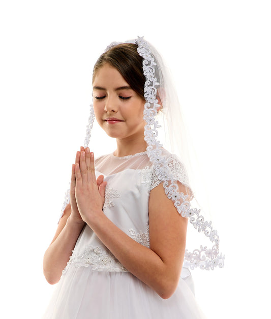 USA Made | Handmade Lace Flower Embroidered Communion Veil with Rhinestones and Comb