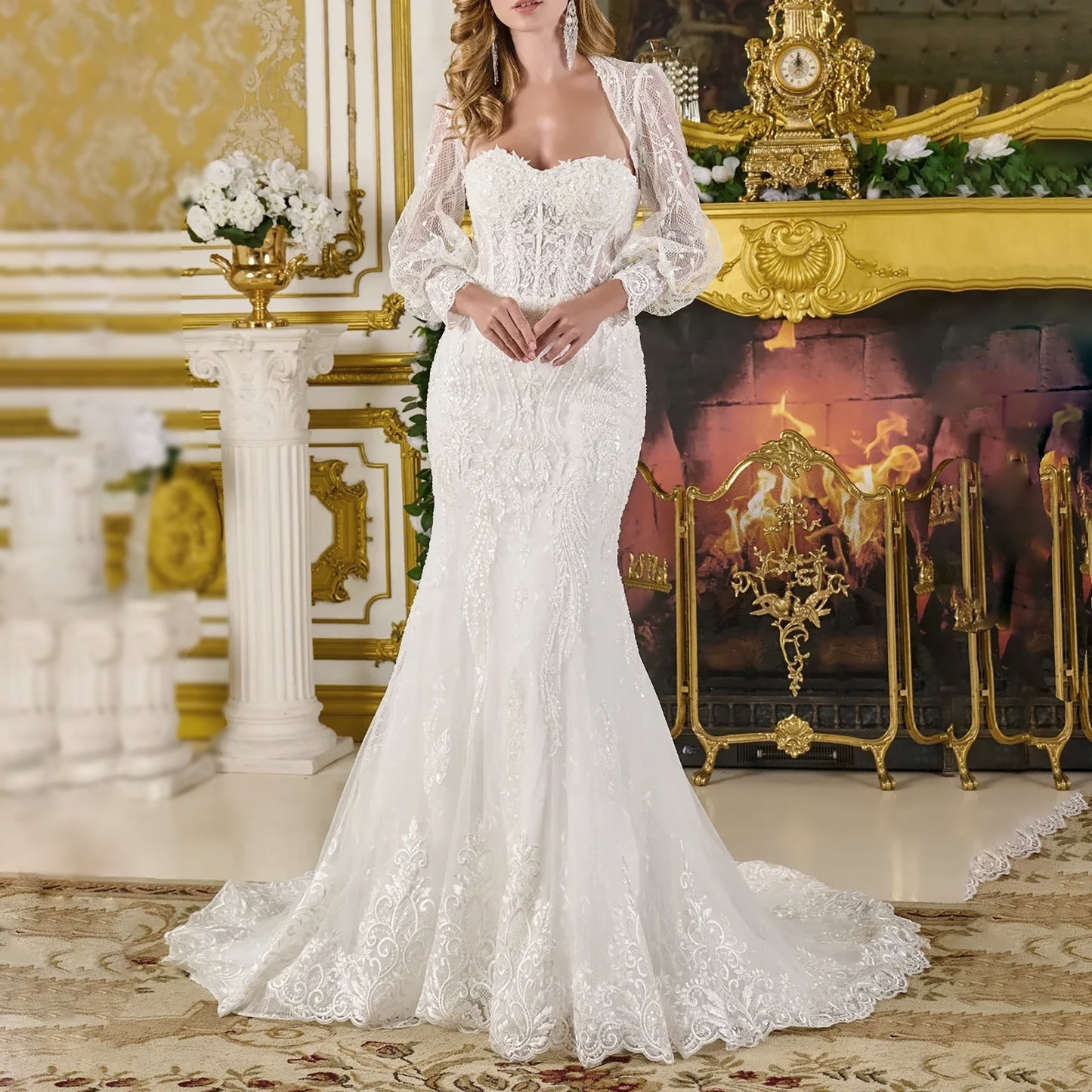 Woman wearing a white lace wedding dress in an opulent room with gold decor.