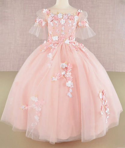 Blush Kid Ballgown with 3D Floral Appliqué, Puff Sleeves, and Long Back Hem front view