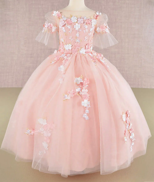 Blush Kid Ballgown with 3D Floral Appliqué, Puff Sleeves, and Long Back Hem front view