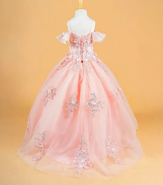 Mini Quince | Blush Cold Shoulder Ball Gown with 3D Flowers, Sequins, Lace-Up Back | Betania dress back view