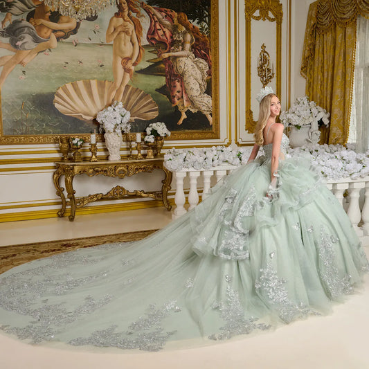 Quinceañera | Pale Green Ball Gown with 3D Butterfly Appliques, Ruffled Glitter Tulle, and Sheer Bodice | Betania dress