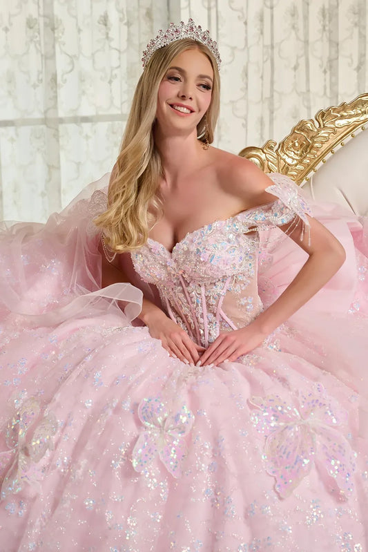 Quinceañera | Baby Pink Ball Gown with 3D Butterfly Appliques, Sheer Bodice, and | Fidencia dress front zoom
