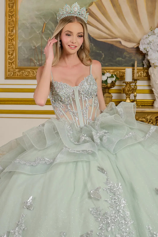 Quinceañera | Pale Green Ball Gown with 3D Butterfly Appliques, Ruffled Glitter Tulle, and Sheer Bodice | Betania dress front zoom