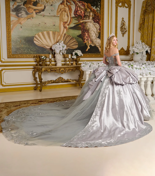 Quinceañera | Silver Satin Ball Gown with 3D Butterfly Appliques, Bubble Hem, and Detachable Bow | Ángeles dress