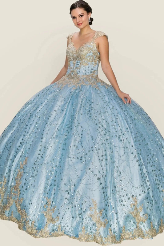 Blue and gold ball gown on a plain background