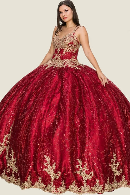 Red ball gown with gold embroidery on a plain background