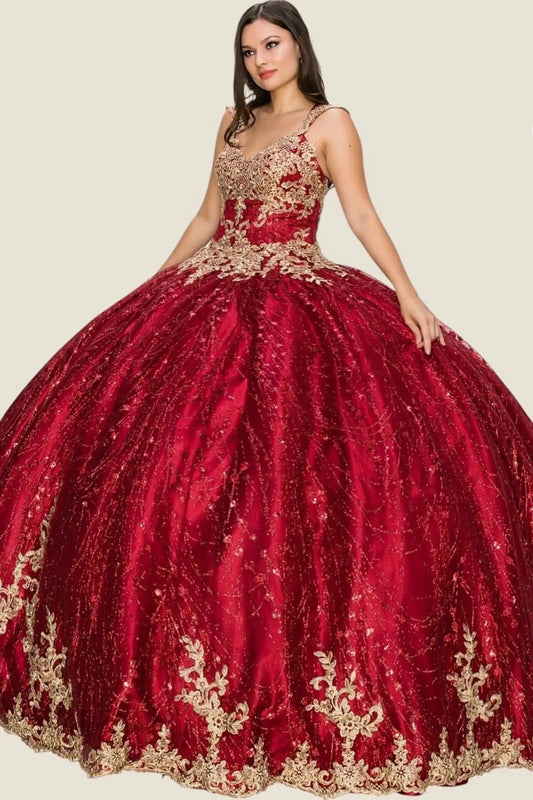 Red ball gown with gold embroidery on a plain background