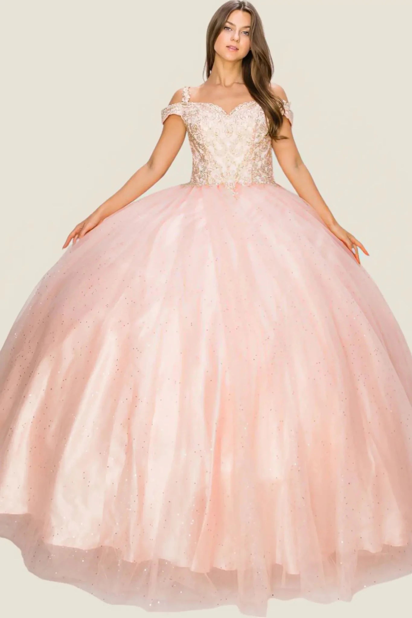 Pink ball gown with lace top on a plain background