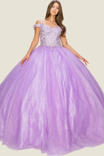 Lavender ball gown with lace top and tulle skirt on a plain background