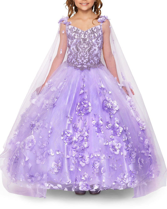 Young girl wearing a lilac gown with floral details and a cape on a white background
