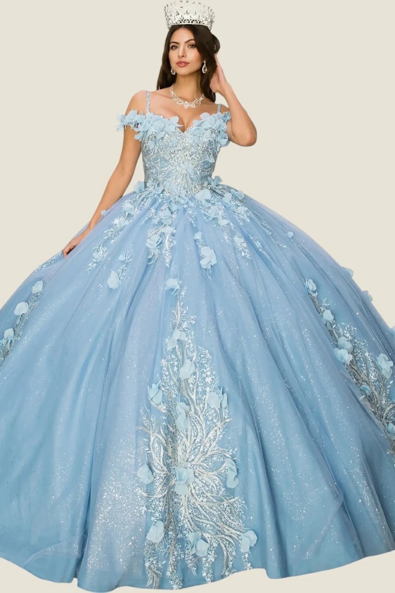 Woman wearing a light blue ball gown with floral embroidery on a beige background
