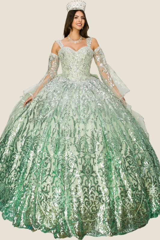 Woman in a green and silver formal quince ballgown with a tiara on a white background