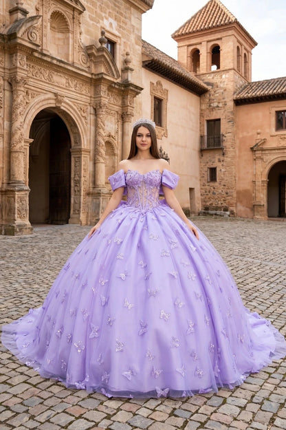 Woman in a lilac quinceanera ball gown with 3D butterflies standing in front of a historic building.