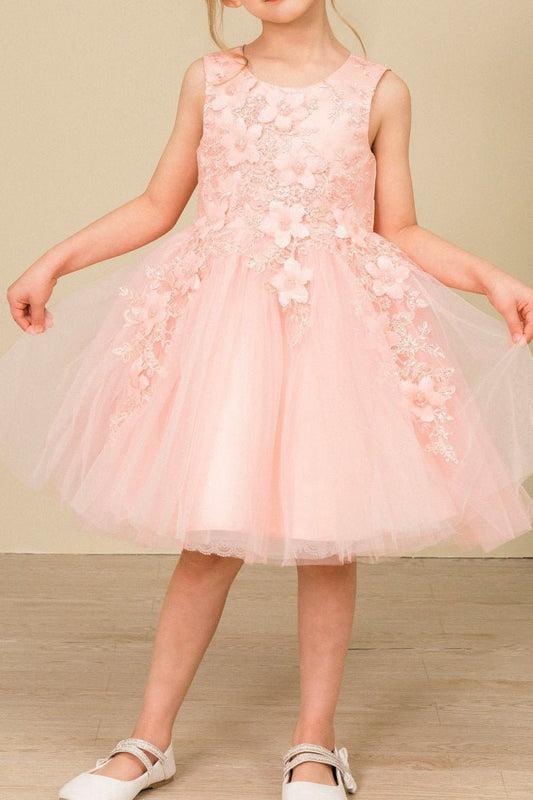 Young girl standing front-facing in blush sleeveless flower girl dress with 3D floral appliqué bodice and wired layered tulle skirt