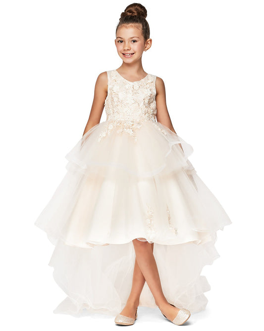 Young girl wearing a champagne floral dress on a white background