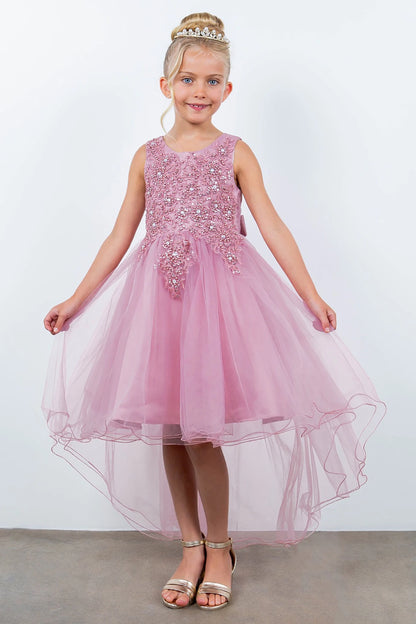 Young girl standing front-facing in dusty rose sleeveless high-low tulle flower girl dress with lace bodice, pearl trim, rhinestone embellishments, and layered skirt