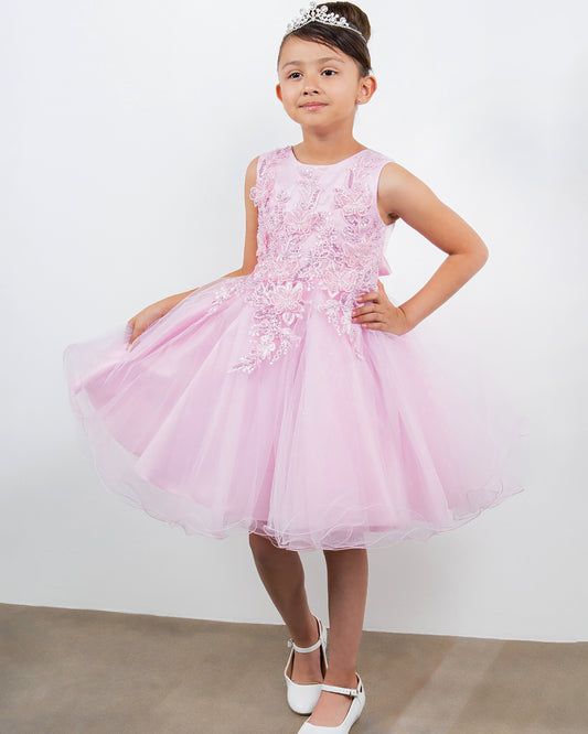 Young girl wearing a pink dress with floral details on a white background