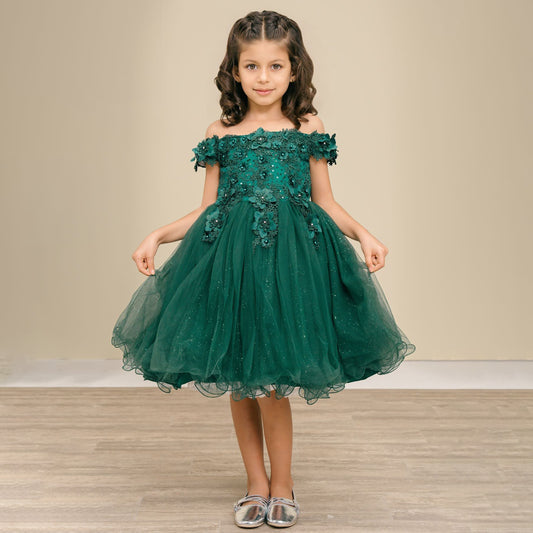 Hunter Green Off-the-Shoulder 3D Floral & Rhinestone Glitter Tulle Flower Girl Dress | Lucy dress | 6 Colors Available