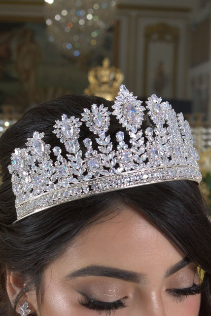 Close-up of a person wearing a sparkling tiara with a blurred background