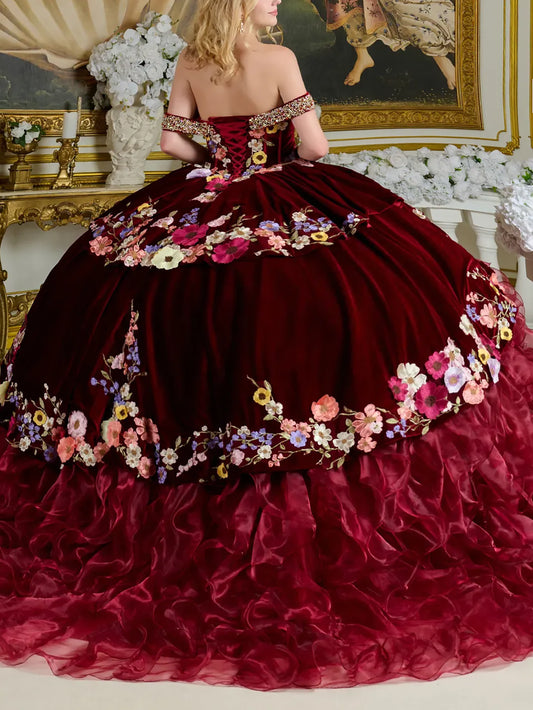 Quinceañera | Burgundy Off-Shoulder Velvet Ball Gown with Beaded Bodice, Tiered Skirt, and Floral Embroidery | Clementina dress