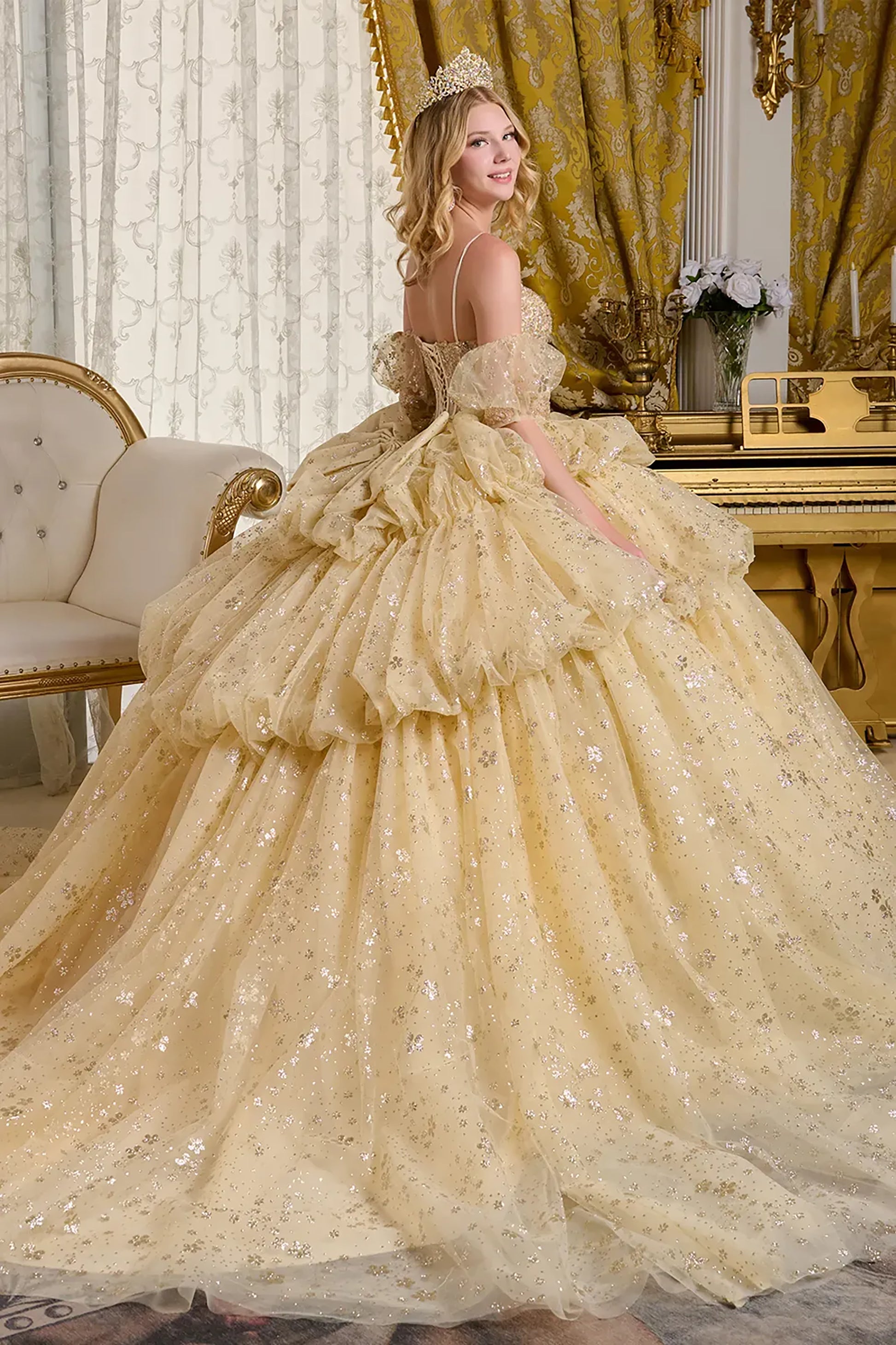 Woman in a beige ball gown with a tiara in an elegant room.