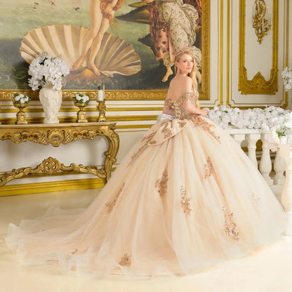 Woman in a beige ball gown with floral details in an ornate room.