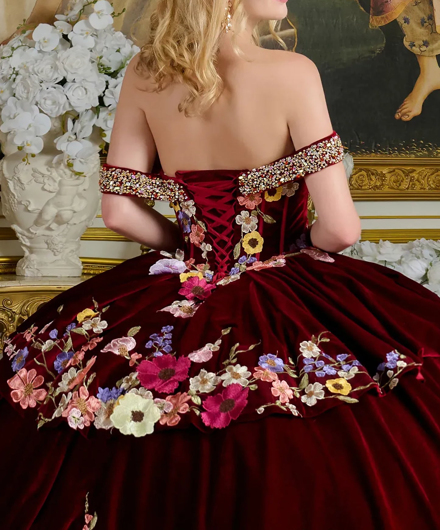 Quinceañera | Burgundy Off-Shoulder Velvet Ball Gown with Beaded Bodice, Tiered Skirt, and Floral Embroidery | Clementina dress