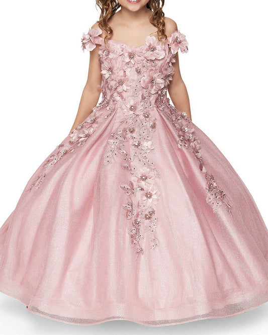 dusty rose floral dress worn by a young girl on a white background