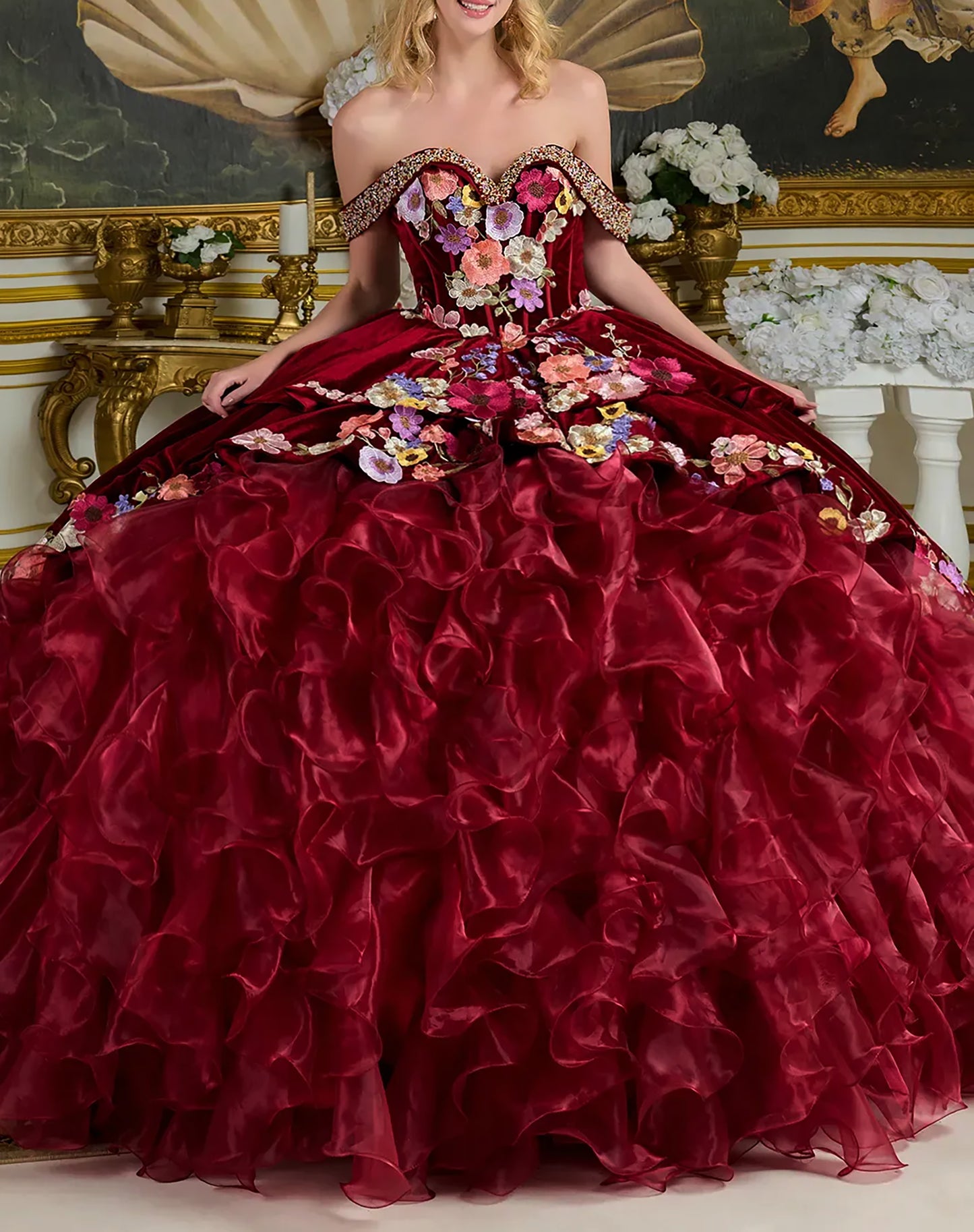 Quinceañera | Burgundy Off-Shoulder Velvet Ball Gown with Beaded Bodice, Tiered Skirt, and Floral Embroidery | Clementina dress